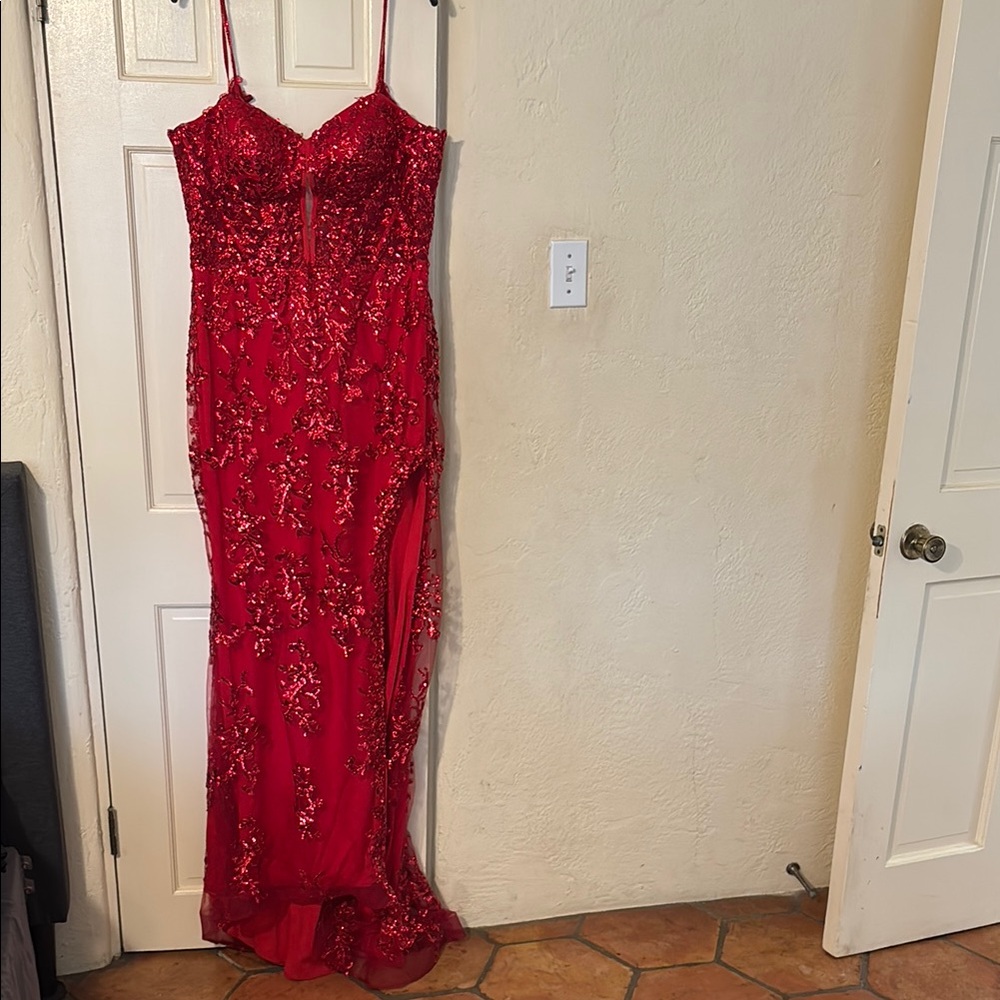 Elegant Deep Red sequenced Prom dress